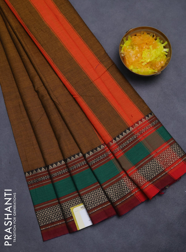Narayanpet cotton saree dark mustard and maroon with plain body and thread woven border