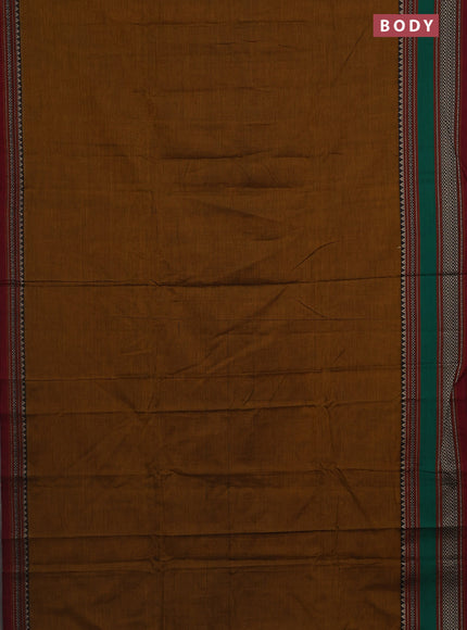 Narayanpet cotton saree dark mustard and maroon with plain body and thread woven border