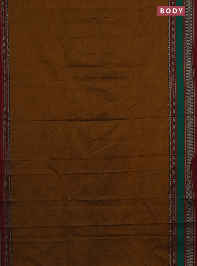 Narayanpet cotton saree dark mustard and maroon with plain body and thread woven border
