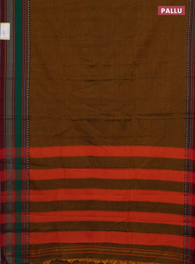 Narayanpet cotton saree dark mustard and maroon with plain body and thread woven border