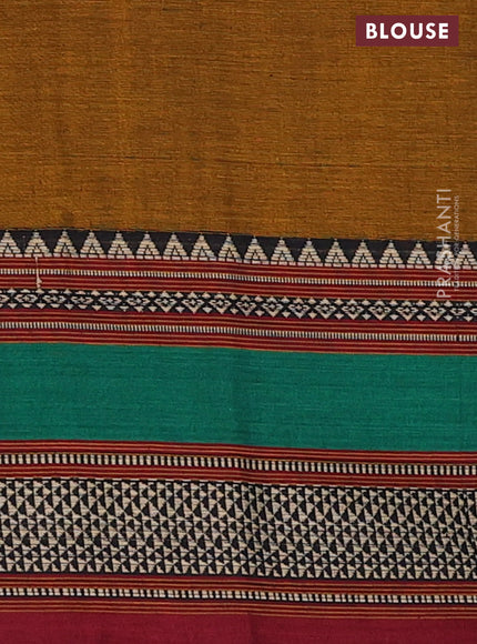 Narayanpet cotton saree dark mustard and maroon with plain body and thread woven border