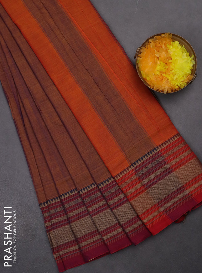 Narayanpet cotton saree dual shade of mustard and dark pink with plain body and thread woven border