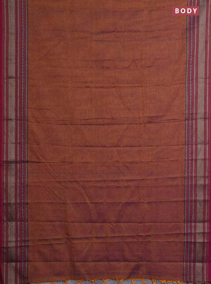 Narayanpet cotton saree dual shade of mustard and dark pink with plain body and thread woven border
