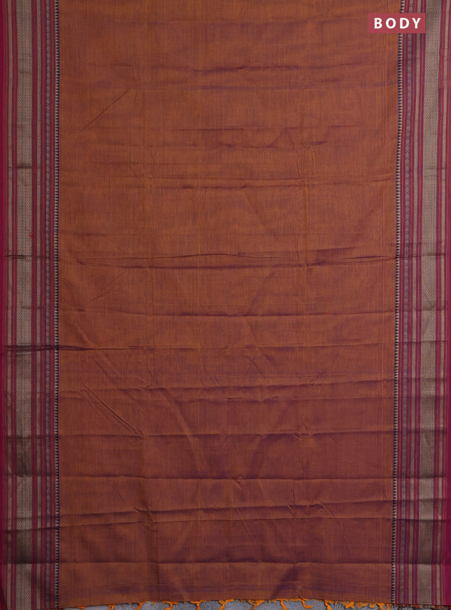 Narayanpet cotton saree dual shade of mustard and dark pink with plain body and thread woven border
