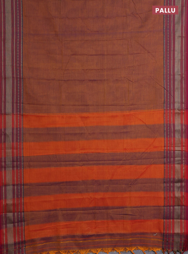 Narayanpet cotton saree dual shade of mustard and dark pink with plain body and thread woven border