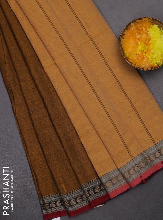 Narayanpet cotton saree dark mustard and maroon with plain body and thread woven border