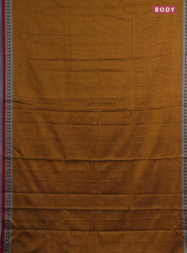 Narayanpet cotton saree dark mustard and maroon with plain body and thread woven border