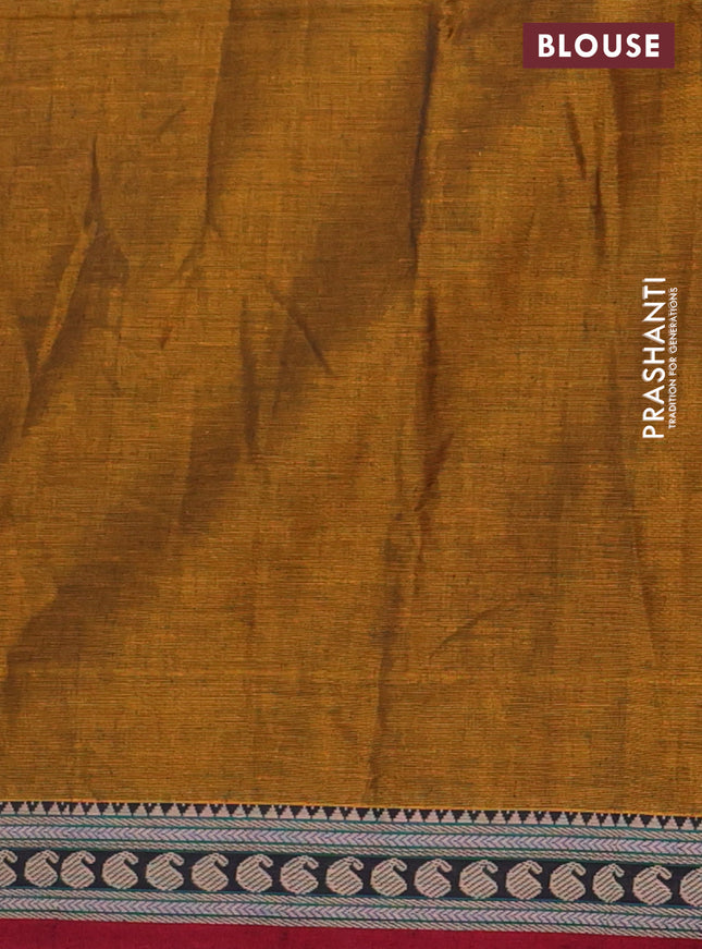 Narayanpet cotton saree dark mustard and maroon with plain body and thread woven border