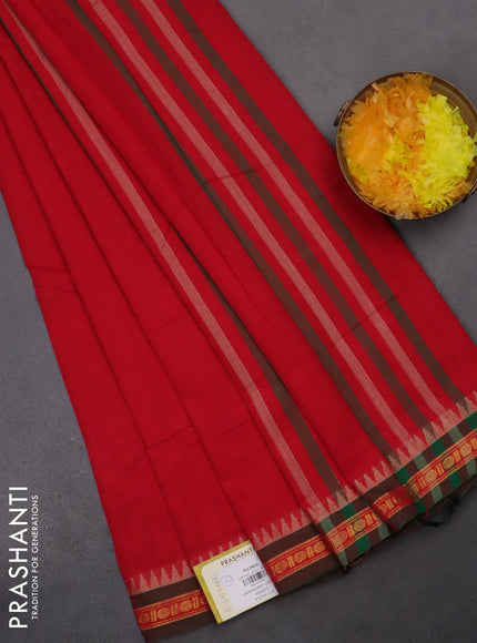 Narayanpet cotton saree red and green with plain body and zari woven border