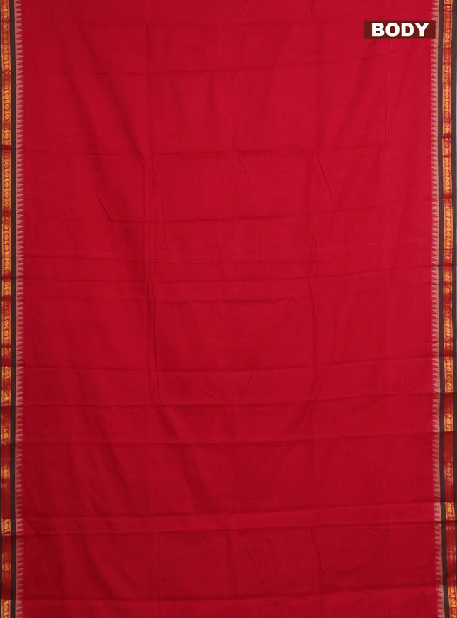 Narayanpet cotton saree red and green with plain body and zari woven border