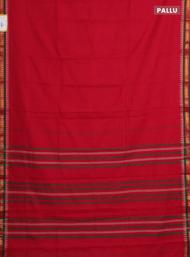 Narayanpet cotton saree red and green with plain body and zari woven border