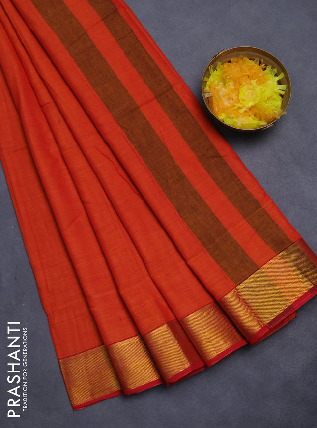 Narayanpet cotton saree dual shade of orange and red with plain body and zari woven border