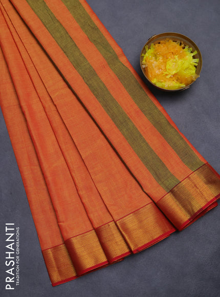 Narayanpet cotton saree dual shade of mango yellow and red with plain body and zari woven border