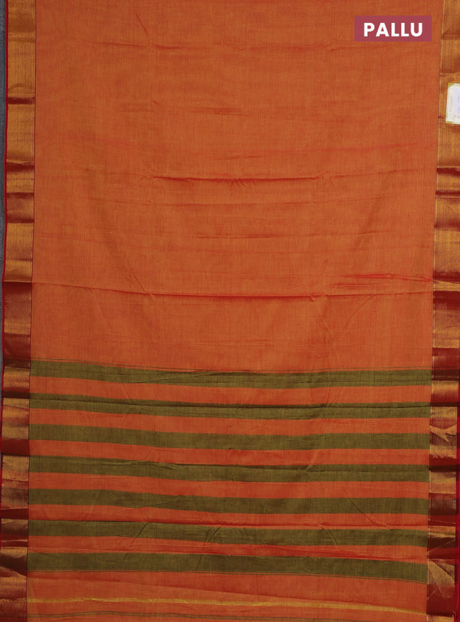 Narayanpet cotton saree dual shade of mango yellow and red with plain body and zari woven border