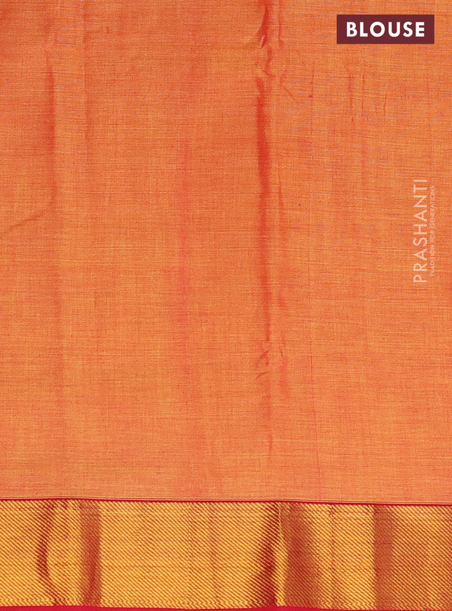 Narayanpet cotton saree dual shade of mango yellow and red with plain body and zari woven border
