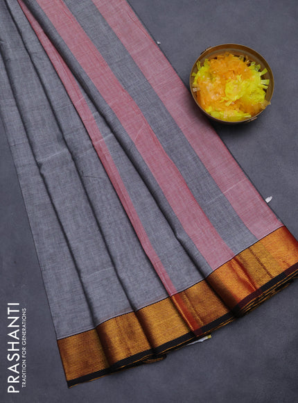 Narayanpet cotton saree grey and black with plain body and zari woven border