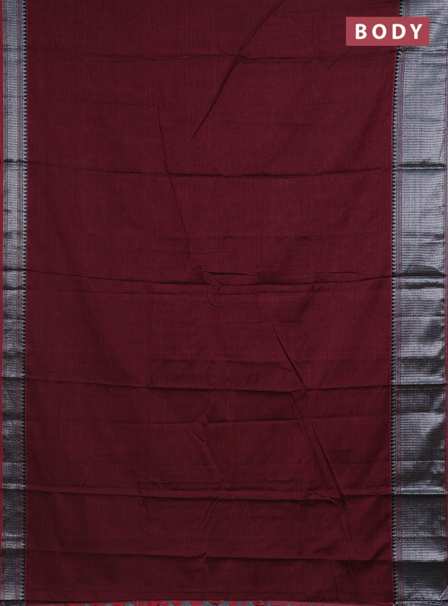 Narayanpet cotton saree maroon shade with plain body and silver zari woven border