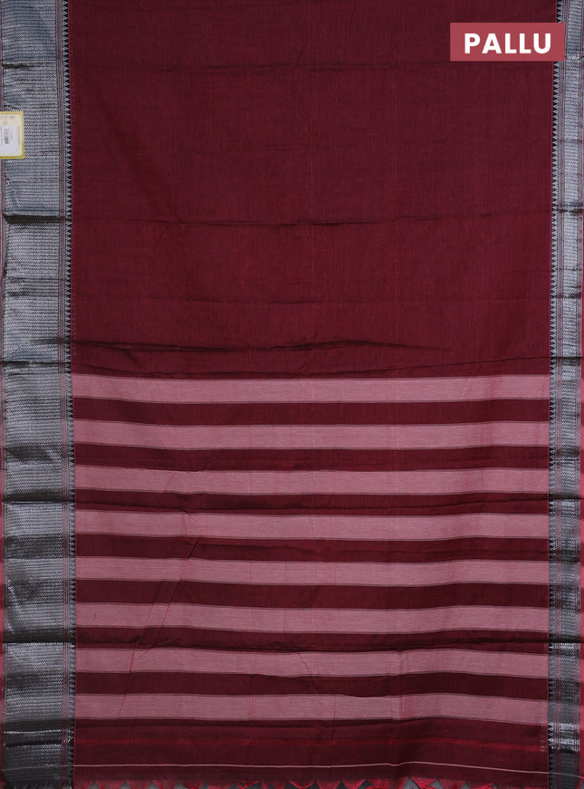 Narayanpet cotton saree maroon shade with plain body and silver zari woven border