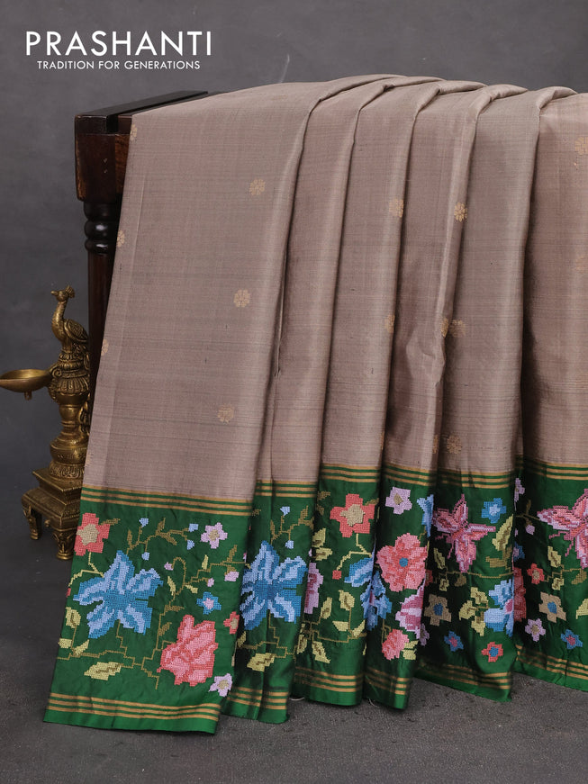 Pure soft silk saree grey and green with zari woven buttas and zari woven kutch embroidery