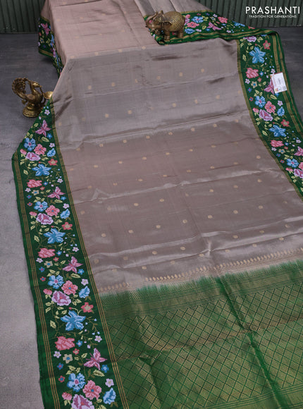 Pure soft silk saree grey and green with zari woven buttas and zari woven kutch embroidery