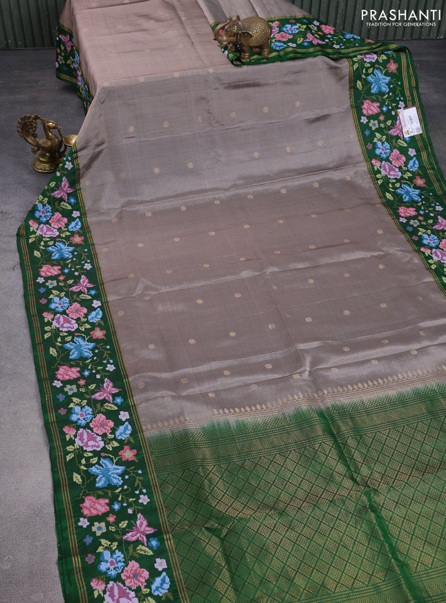 Pure soft silk saree grey and green with zari woven buttas and zari woven kutch embroidery