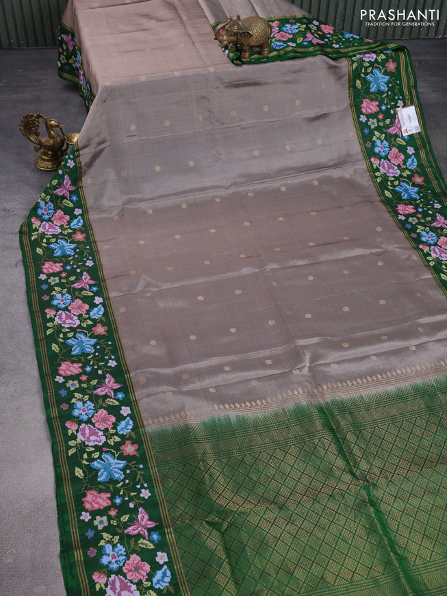 Pure soft silk saree grey and green with zari woven buttas and zari woven kutch embroidery