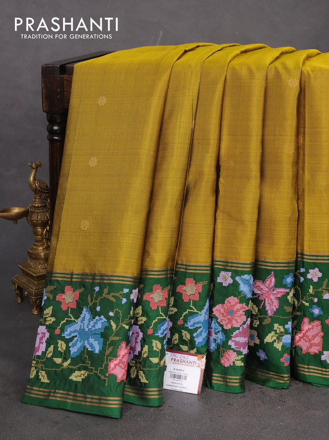 Pure soft silk saree mustard green and green with zari woven buttas and zari woven kutch embroidery