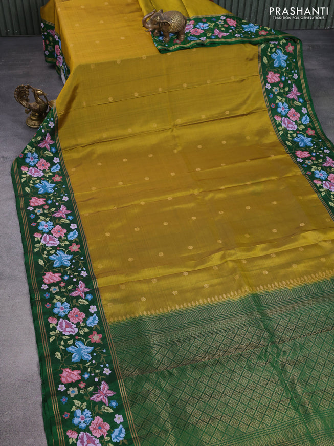 Pure soft silk saree mustard green and green with zari woven buttas and zari woven kutch embroidery