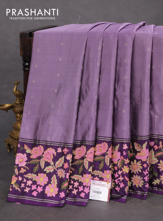 Pure soft silk saree lavender and violet with allover silver zari woven buttas and zari woven kutch embroidery