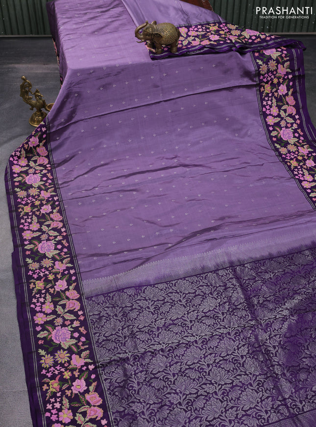 Pure soft silk saree lavender and violet with allover silver zari woven buttas and zari woven kutch embroidery