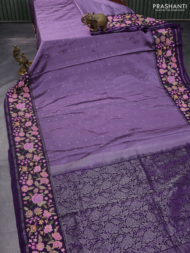 Pure soft silk saree lavender and violet with allover silver zari woven buttas and zari woven kutch embroidery