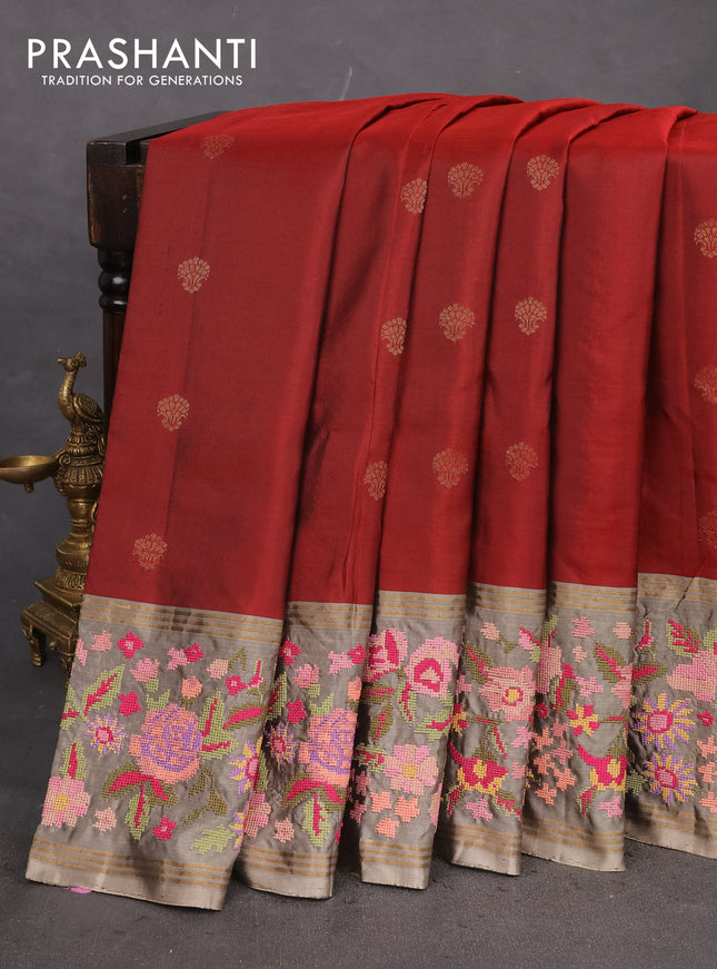 Pure soft silk saree maroon and grey shade with zari woven buttas and zari woven kutch embroidery