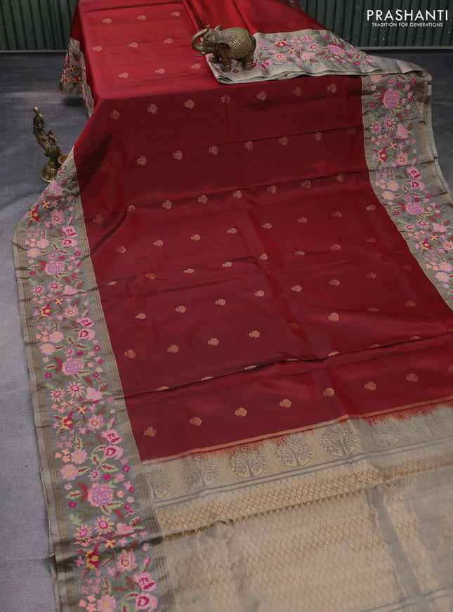 Pure soft silk saree maroon and grey shade with zari woven buttas and zari woven kutch embroidery