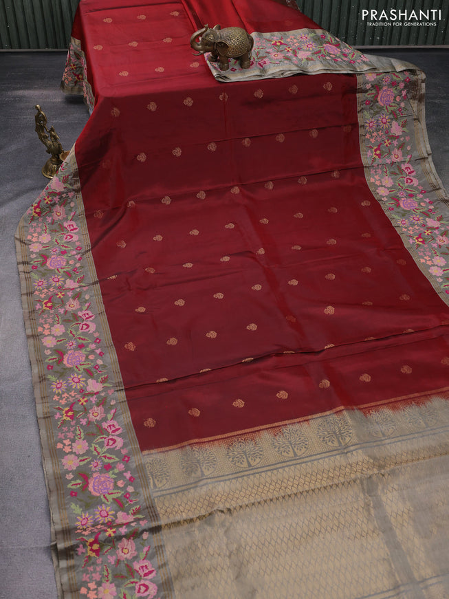 Pure soft silk saree maroon and grey shade with zari woven buttas and zari woven kutch embroidery