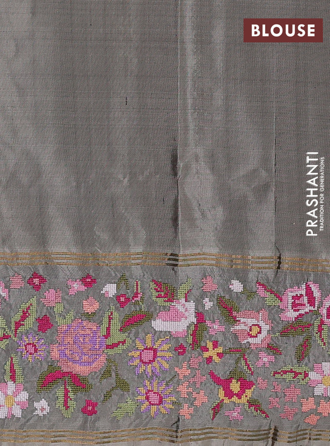 Pure soft silk saree maroon and grey shade with zari woven buttas and zari woven kutch embroidery