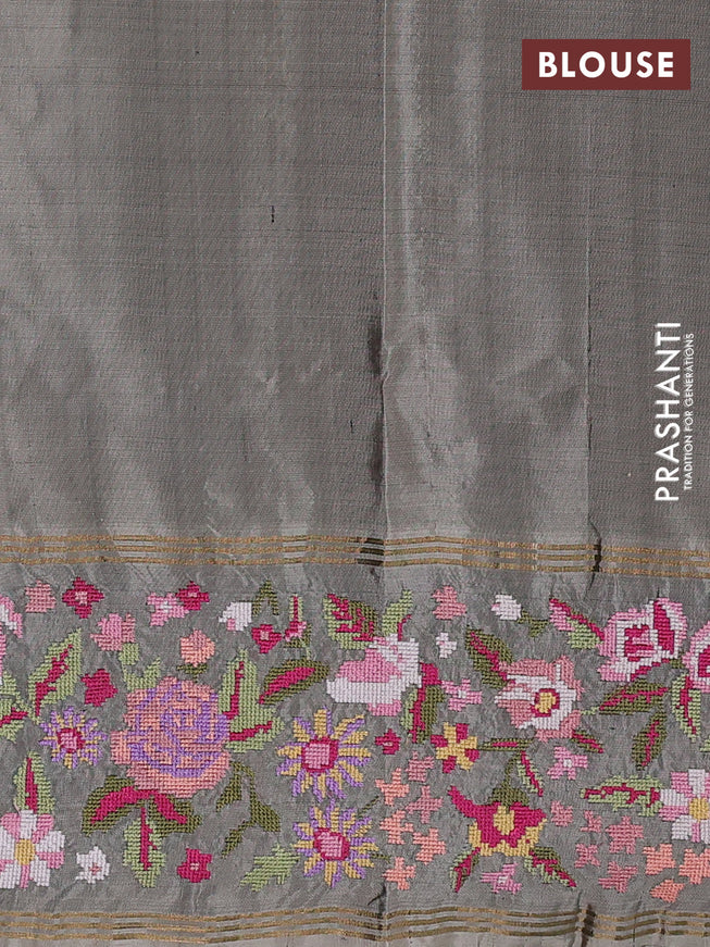 Pure soft silk saree maroon and grey shade with zari woven buttas and zari woven kutch embroidery