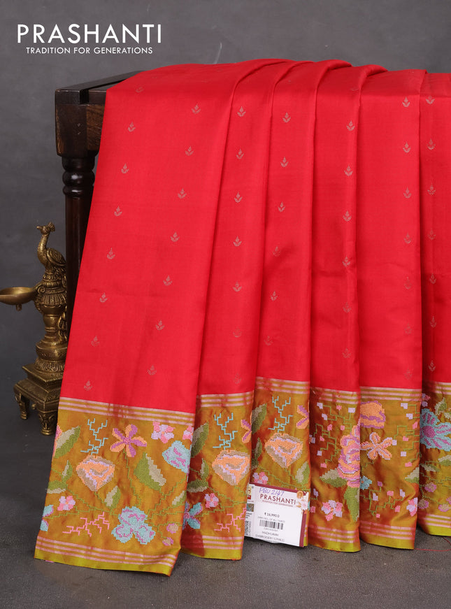 Pure soft silk saree red and dual shade of green with allover silver zari woven buttas and zari woven kutch embroidery