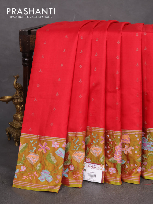 Pure soft silk saree red and dual shade of green with allover silver zari woven buttas and zari woven kutch embroidery