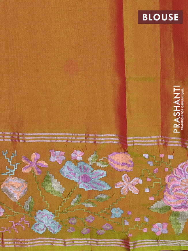 Pure soft silk saree red and dual shade of green with allover silver zari woven buttas and zari woven kutch embroidery