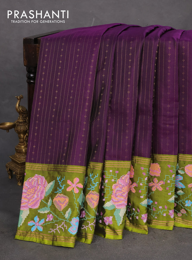 Pure soft silk saree deep violet and light green with allover zari weaves and zari woven kutch embroidery