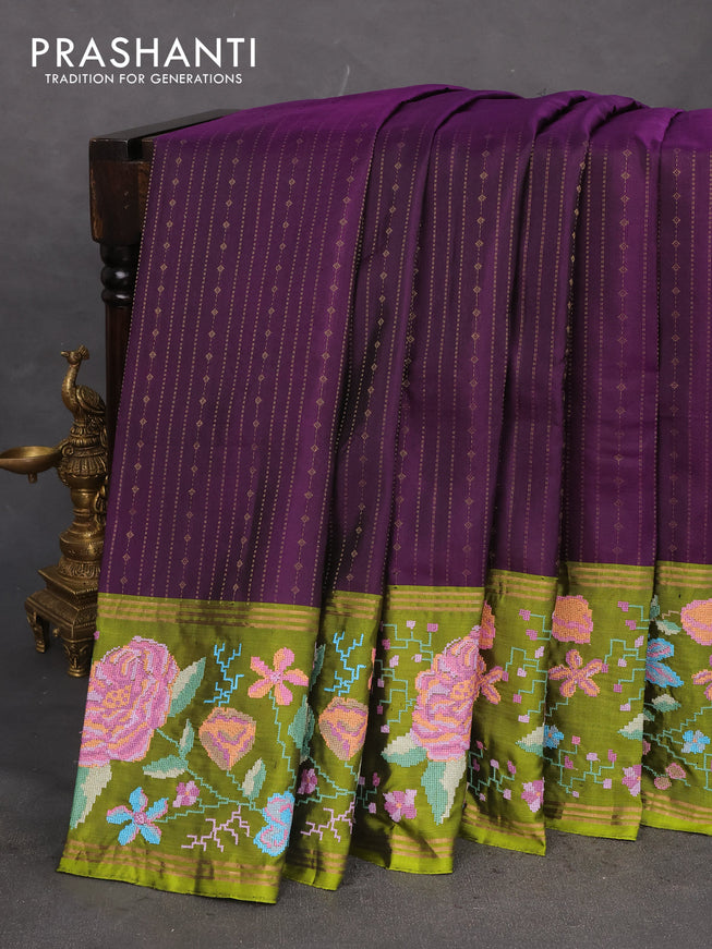Pure soft silk saree deep violet and light green with allover zari weaves and zari woven kutch embroidery