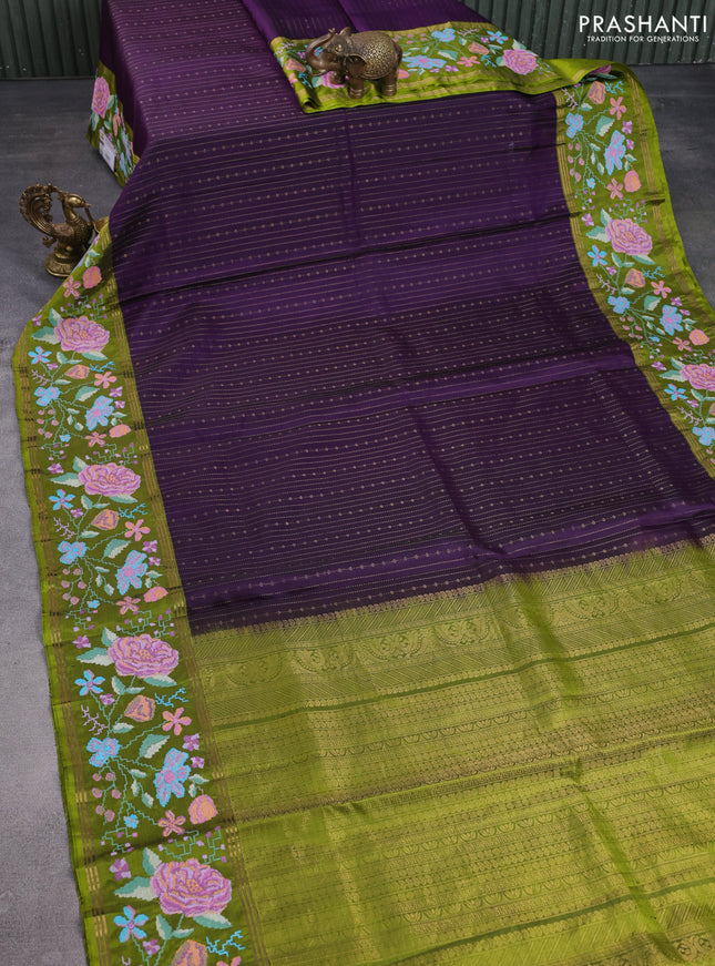 Pure soft silk saree deep violet and light green with allover zari weaves and zari woven kutch embroidery