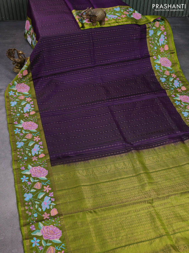 Pure soft silk saree deep violet and light green with allover zari weaves and zari woven kutch embroidery