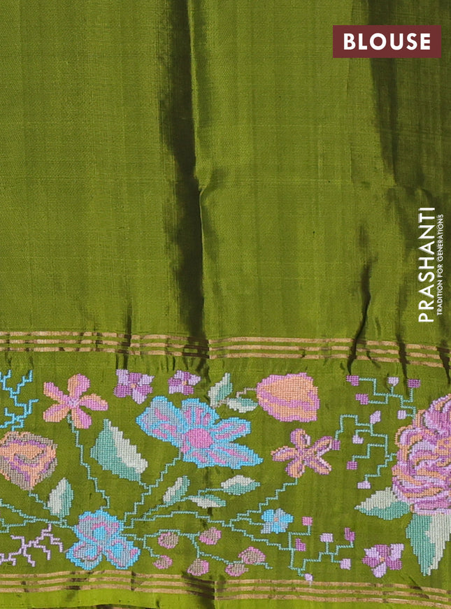 Pure soft silk saree deep violet and light green with allover zari weaves and zari woven kutch embroidery
