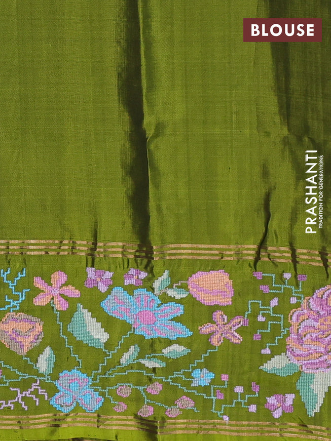 Pure soft silk saree deep violet and light green with allover zari weaves and zari woven kutch embroidery
