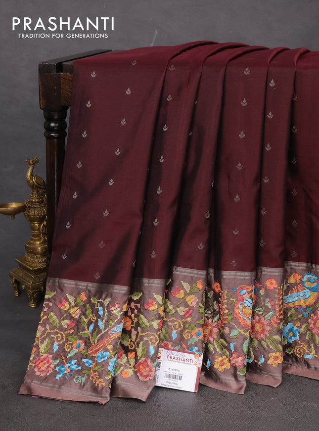 Pure soft silk saree deep maroon and pastel brown with allover silver zari woven buttas and zari woven kutch embroidery