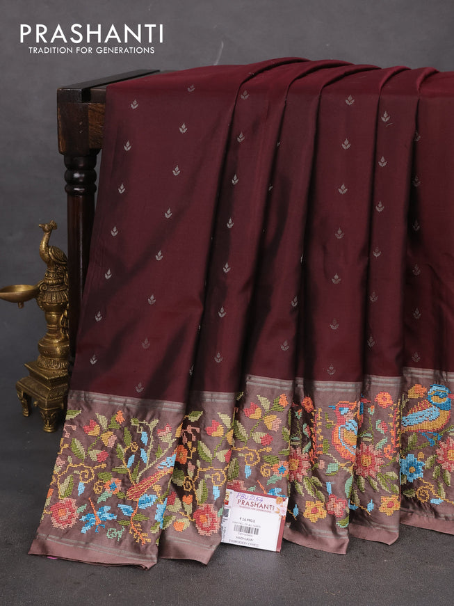 Pure soft silk saree deep maroon and pastel brown with allover silver zari woven buttas and zari woven kutch embroidery