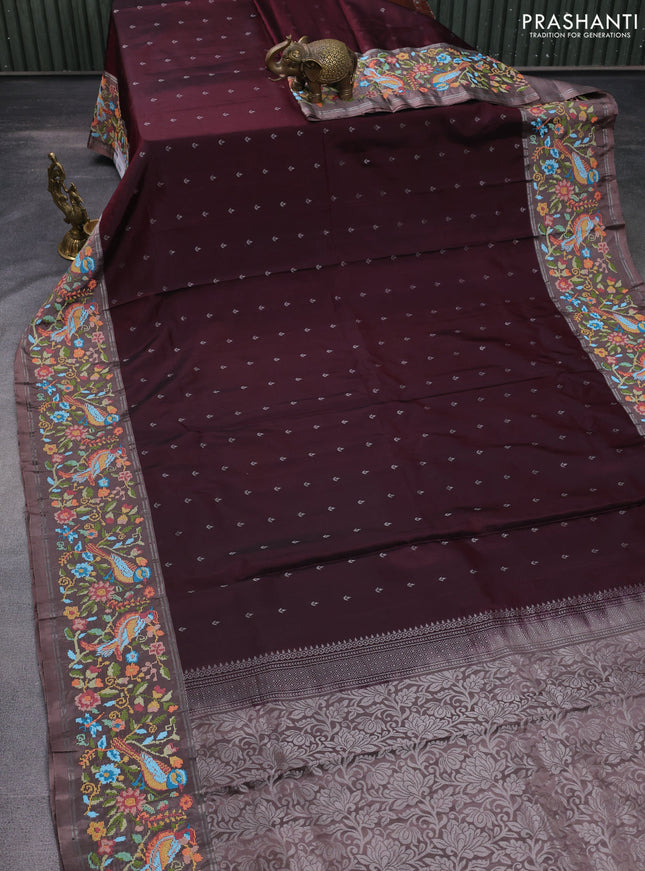 Pure soft silk saree deep maroon and pastel brown with allover silver zari woven buttas and zari woven kutch embroidery