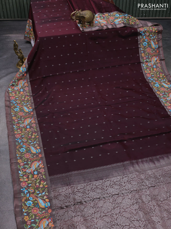 Pure soft silk saree deep maroon and pastel brown with allover silver zari woven buttas and zari woven kutch embroidery