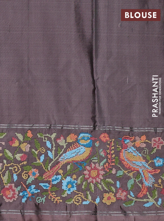 Pure soft silk saree deep maroon and pastel brown with allover silver zari woven buttas and zari woven kutch embroidery
